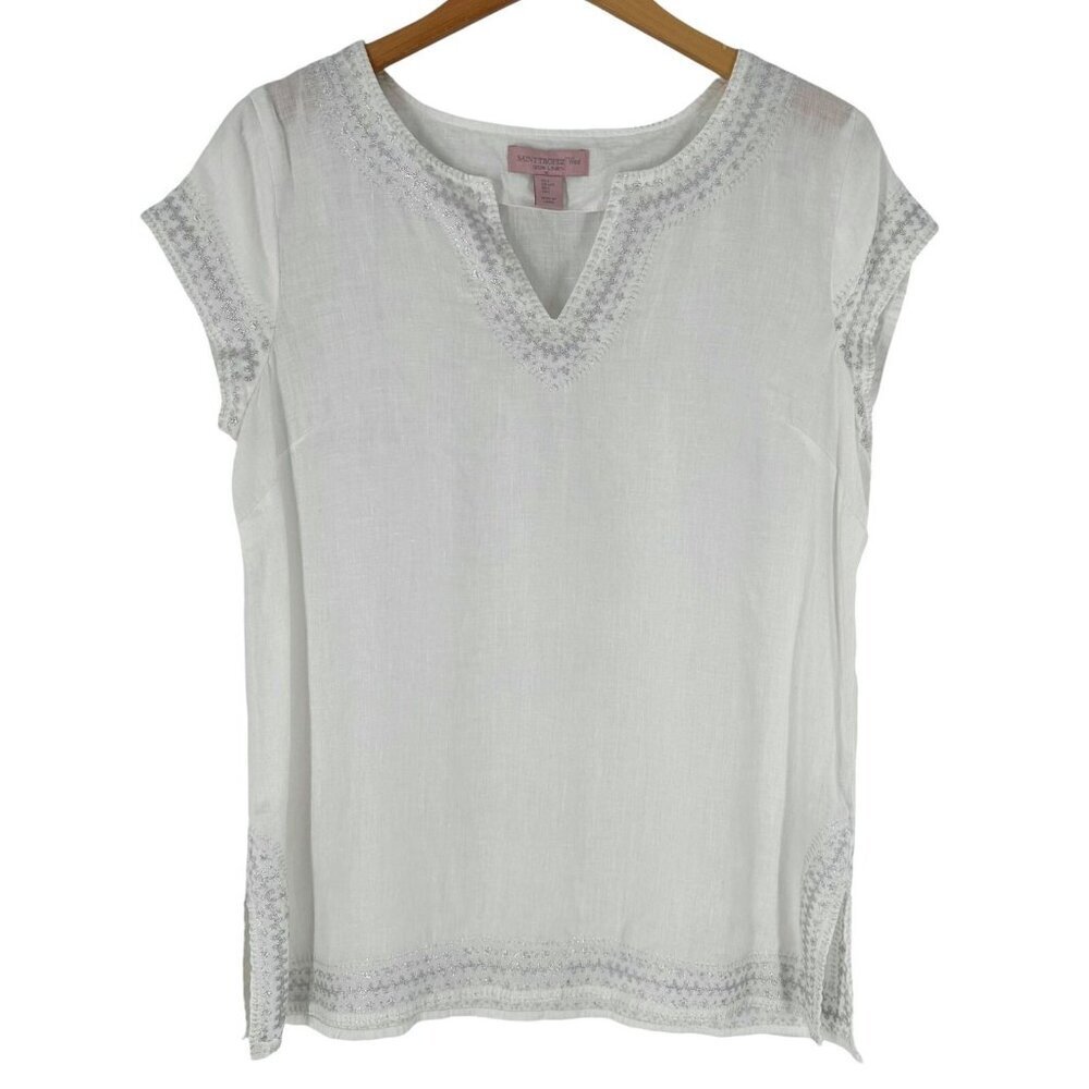 Saint Tropez West White 100% Linen Silver Embroidered Tunic Top Size Large
